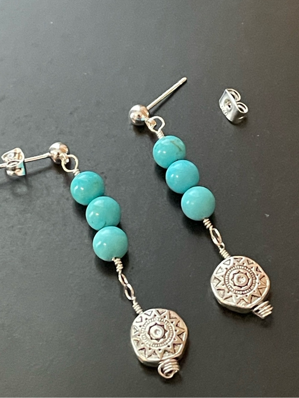 Hand Crafted Turquoise Bead Drop Earrings with Silver Medallion